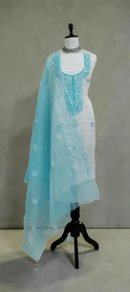 Kota Doria Dress Material in Powder Blue with Hand Embroidery