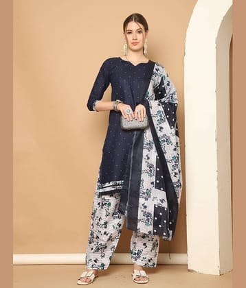 wonder weave Cotton Blend Printed Kurti With Patiala Women's Stitched Salwar Suit - Navy ( Pack of 1 )