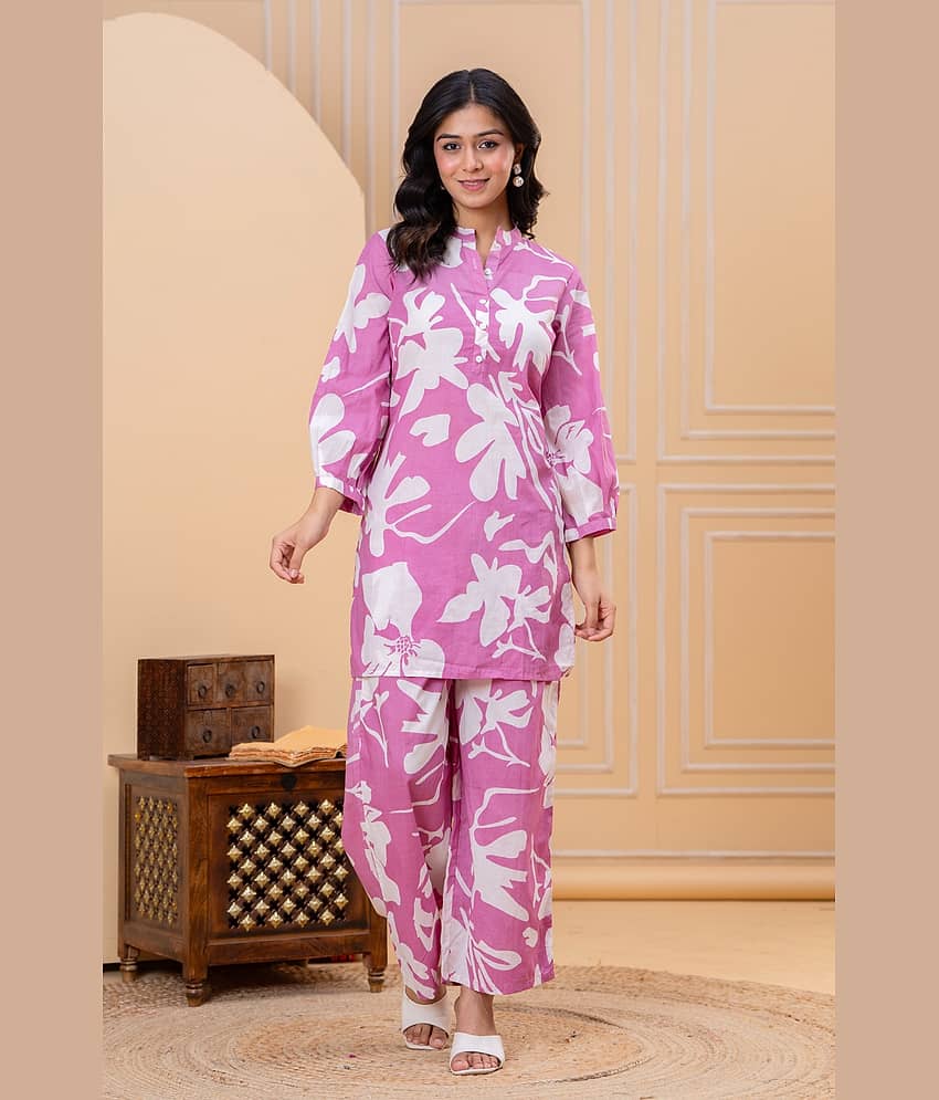 GLORIOUAS Women Rayon Printed Straight Kurti With Pants ( Pink )