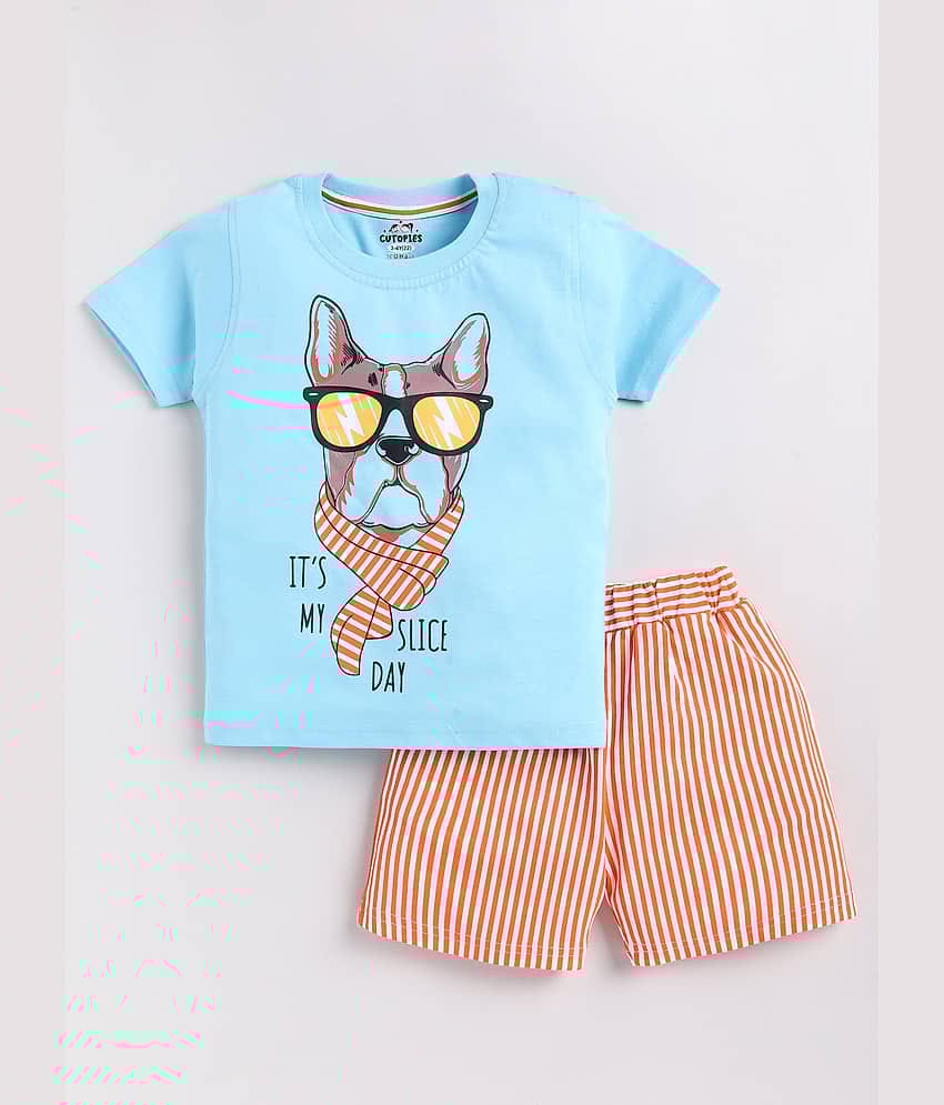 CUTOPIES Pack of 1 Boys Cotton T-Shirt & Shorts Set ( Light Blue )