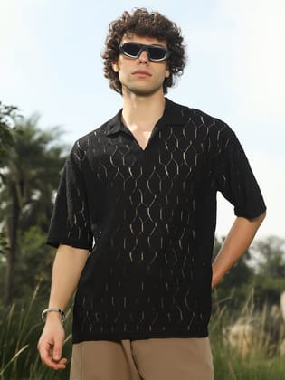 Honeycomb-Knit Polo T-Shirt-S