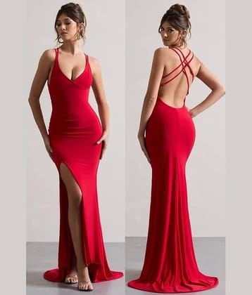 Traquila Women Lycra Solid Side Slit Dress ( Black )