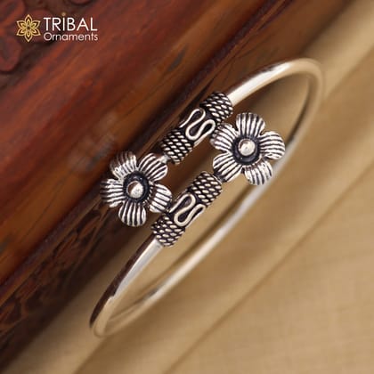 925 sterling silver handmade double flower design stylish kada bangle bracelet tribal jewelry nsk867-2-6 or 2.375"inches