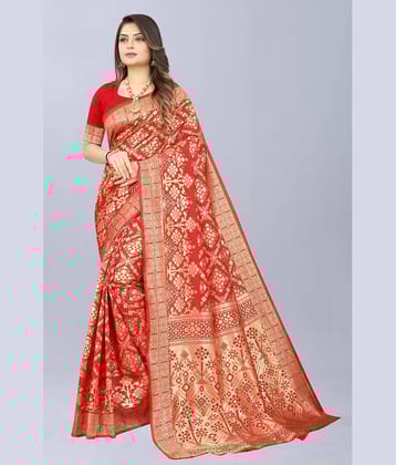 NENCY FASHION Banarasi Silk Embellished Saree With Unstitched Blouse Piece ( Maroon )