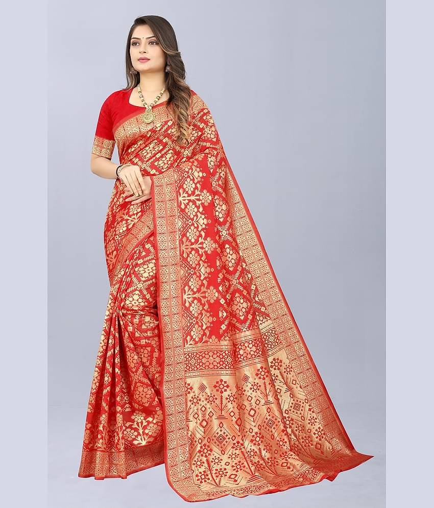 NENCY FASHION Banarasi Silk Embellished Saree With Unstitched Blouse Piece ( Maroon )