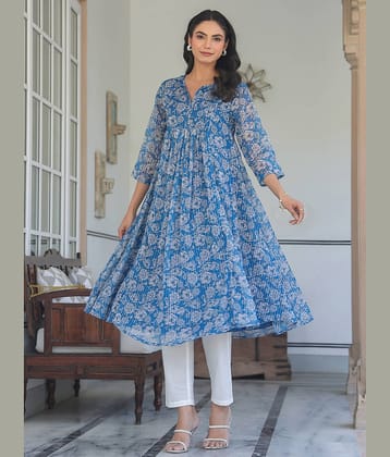 Janasya Women's Chiffon Printed A-line Kurti - ( Blue )