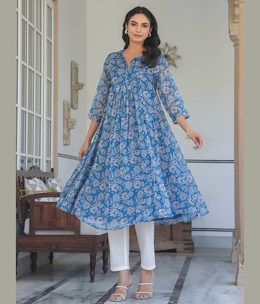 Janasya Women's Chiffon Printed A-line Kurti - ( Blue )