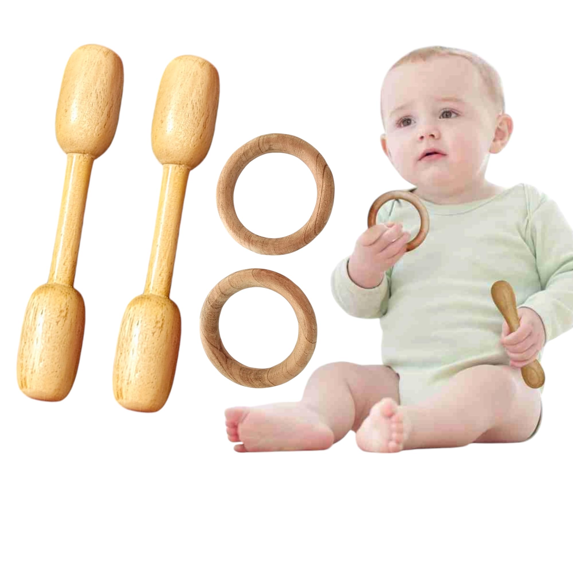 Natural Neem Wood Teether | Dumbbell & Ring Shape | Baby Wooden Teething Toy | Safe & Eco-Friendly(Set of 4 pcs)