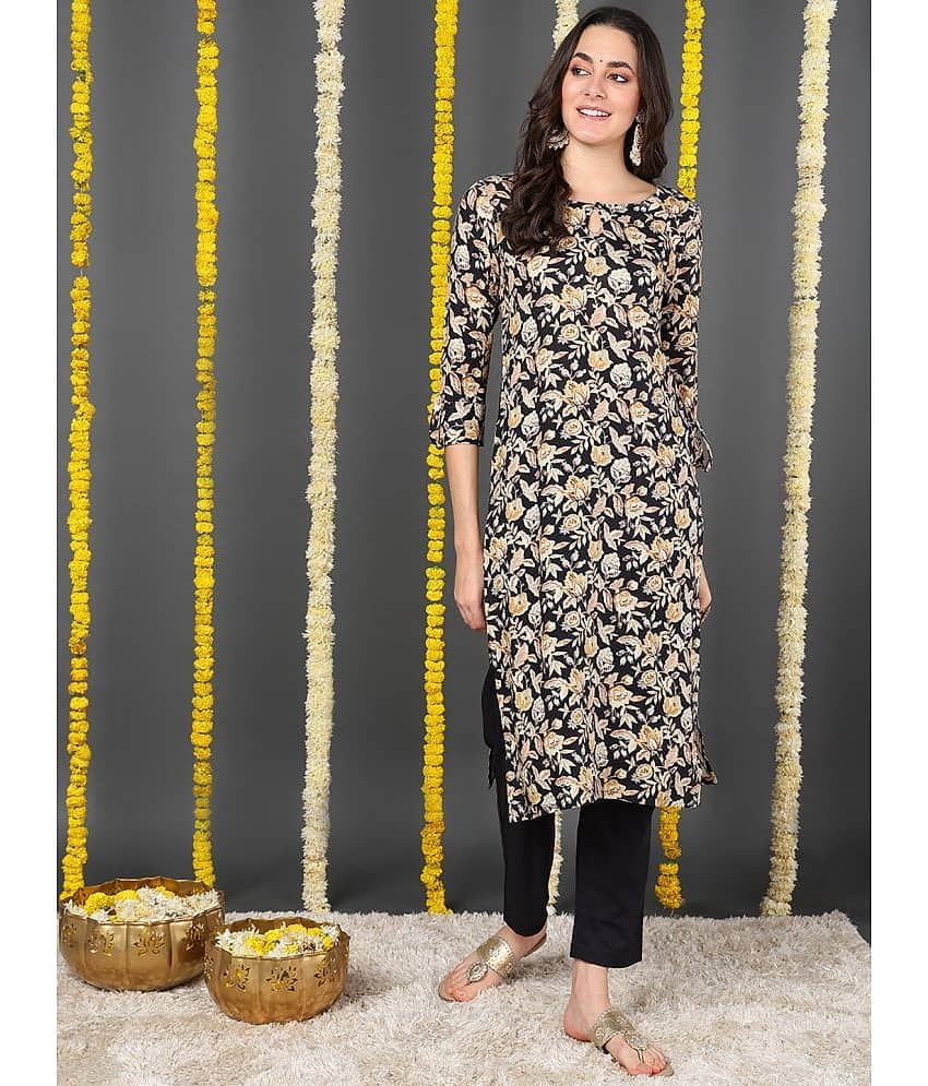 Vaamsi Cotton Blend Printed Straight Women's Kurti - Black ( Pack of 1 )