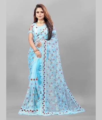 JULEE Net Embroidered Saree With Unstitched Blouse Piece ( SkyBlue )