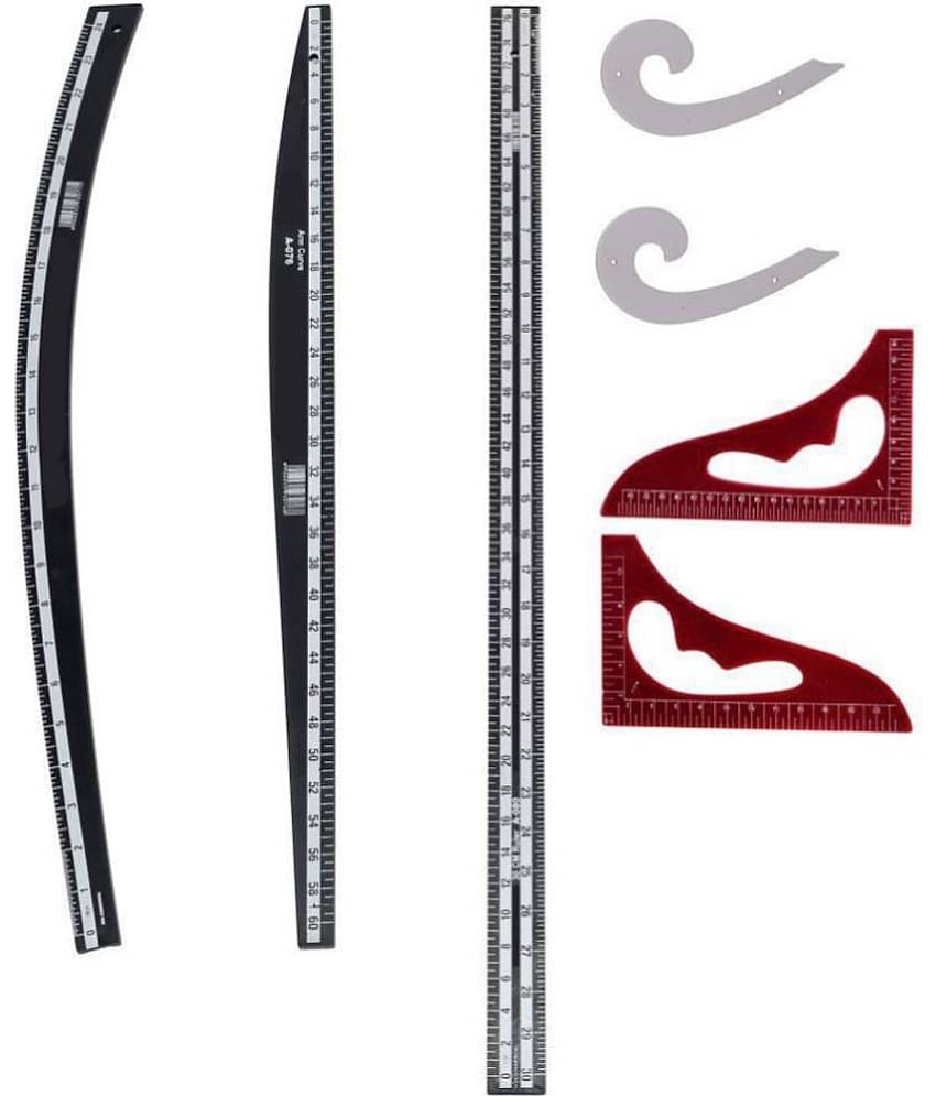 Vardhman Complete Fashion Designing Tailoring Pack of 7 Scales Arm & Hip Curve, Long Ruler, 2 French Curve & 2 Art Curve, 1/4 and 1/6 Scale