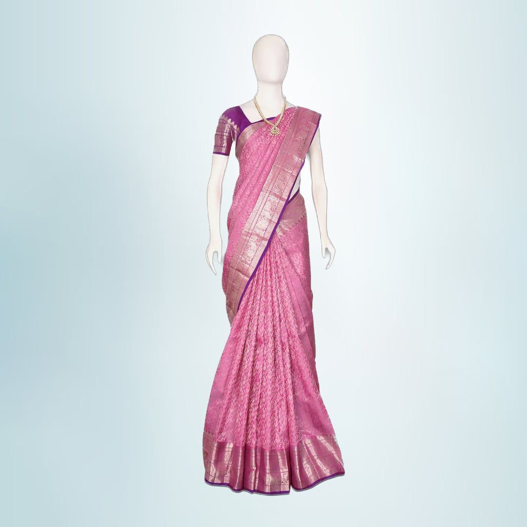 Traditional Pink Pattu Silk Saree with Purple Border | Rich Zari Weave | Festive & Wedding Wear