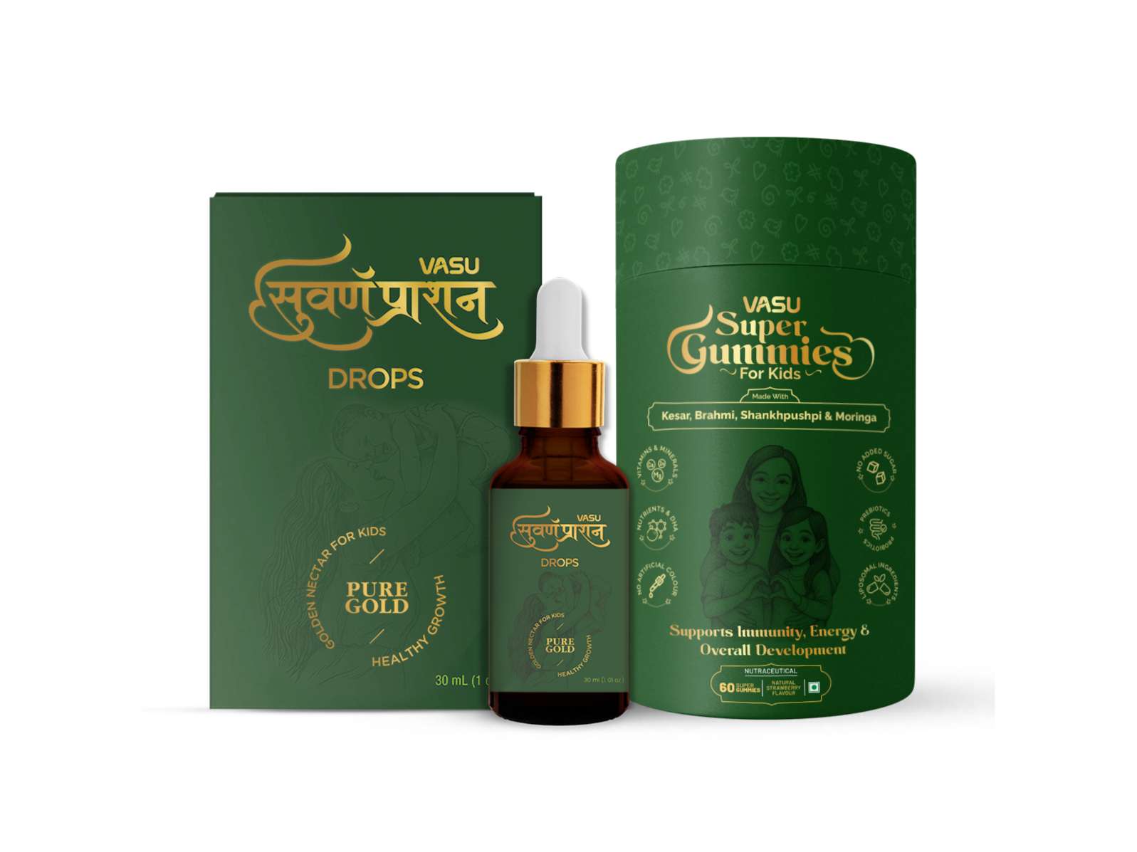 VASU Immunity Booster Pack for Kids - Swarnaprashan Drops (30ml) & Super Gummies (60 Gummies) Supports Immunity, Growth & Digestive Health