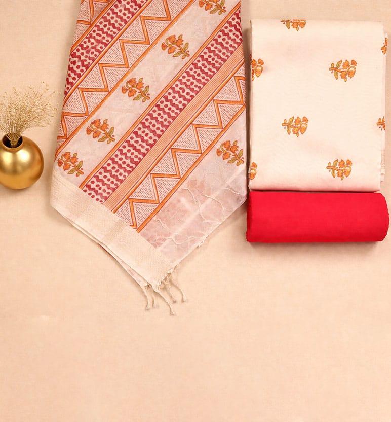 Block Print Neck Design Maheshwari Unstitched Suit Set – Traditional Buta Motif (3 Piece)
