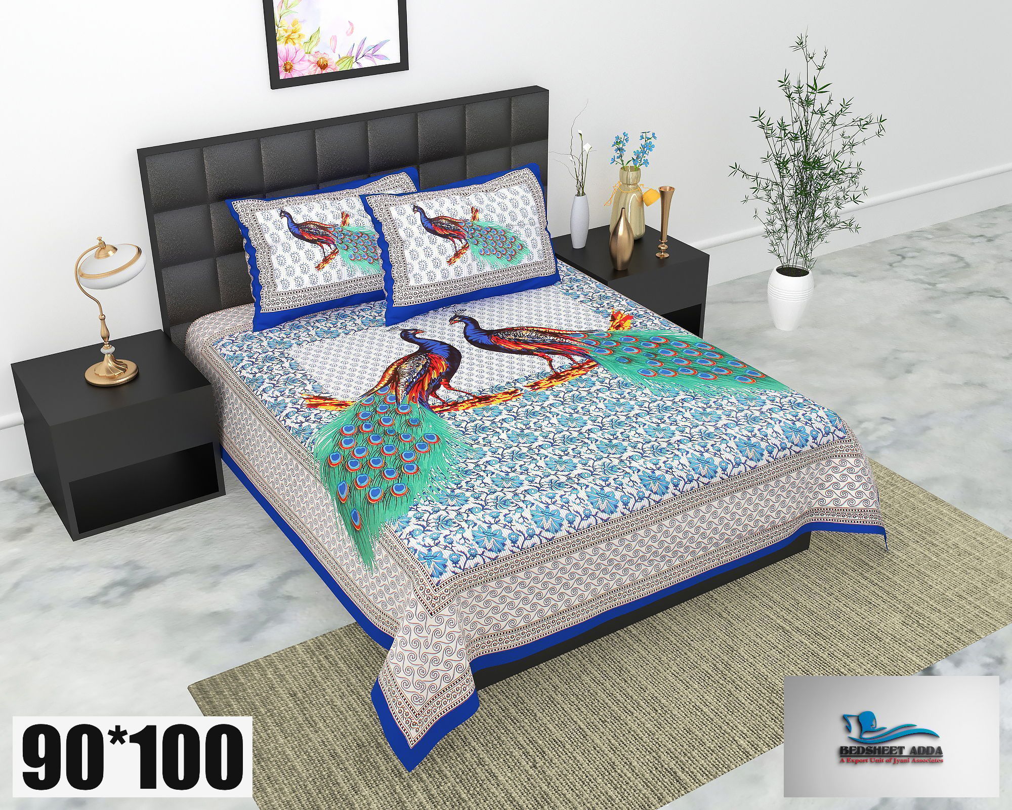 2001-Bedsheet Adda-Pure Cotton Jaipuri Printed Double Bedsheet With 2 Pillow Covers-FULL MOOR BLUE