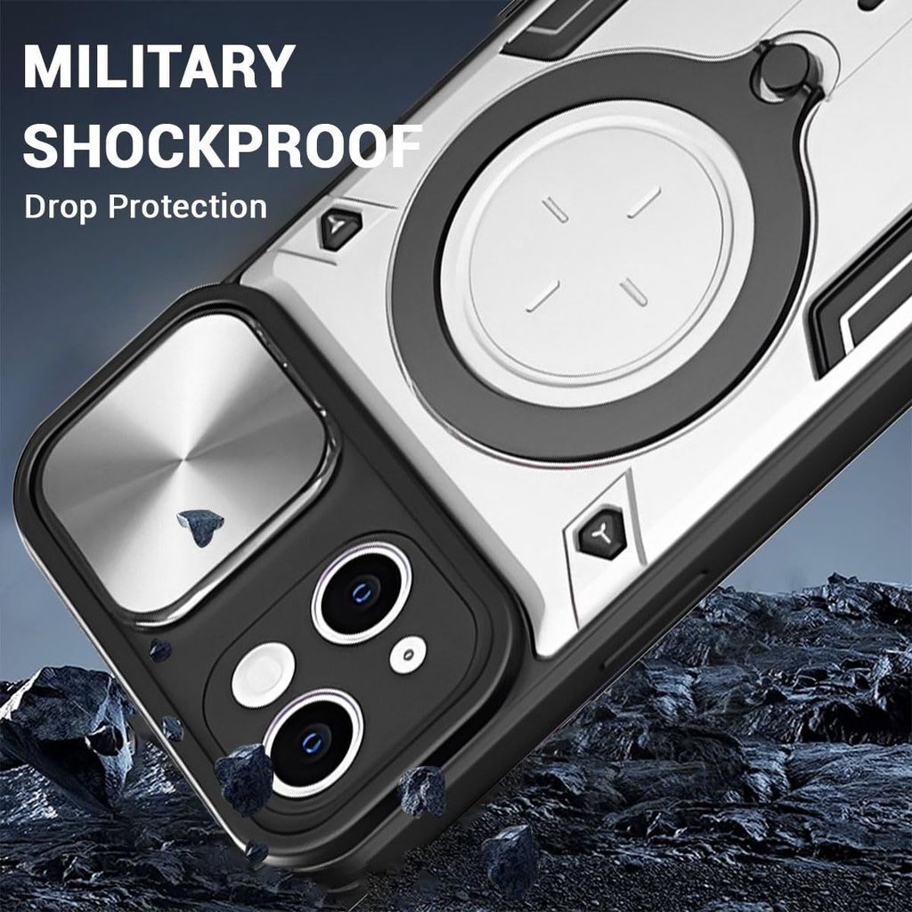 LIRAMARK Back Cover Case Compatible with iPhone 15 (6.1 inch) with Stand & Slider Camera Military Grade Drop Protection