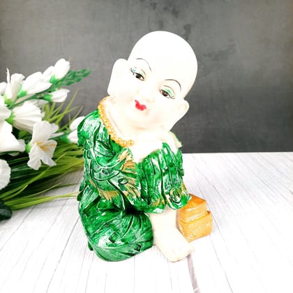Buddha Monk Showpiece Set | Feng Shui Child Monk Statue - for Home & Table Decor, Health, Wealth & Gift - 9 Inch-Green