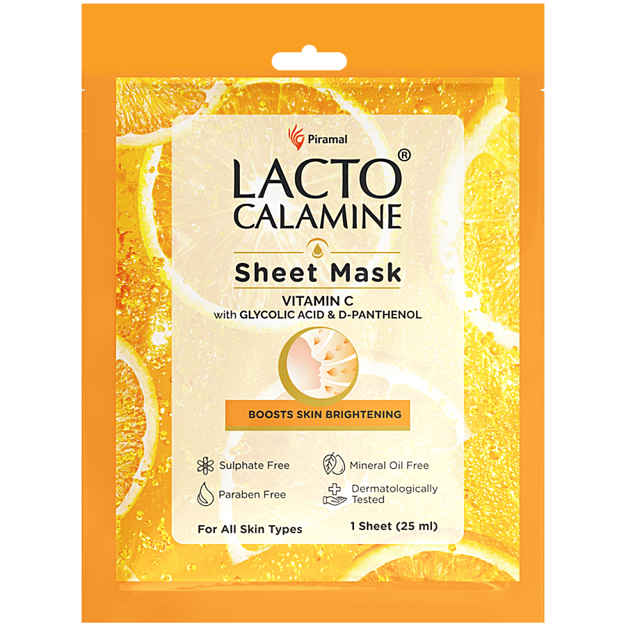 Piramal Lacto Calamine Sheet Mask Vitamin C with Glycolic Acid & D-Panthenol Boosts Skin Brightening, 1 Sheet (25 ml)