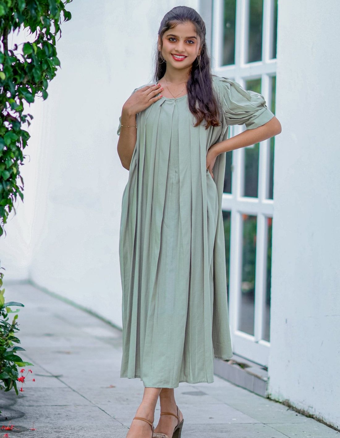 Pastel olive green pleated dress - Half Sleeve