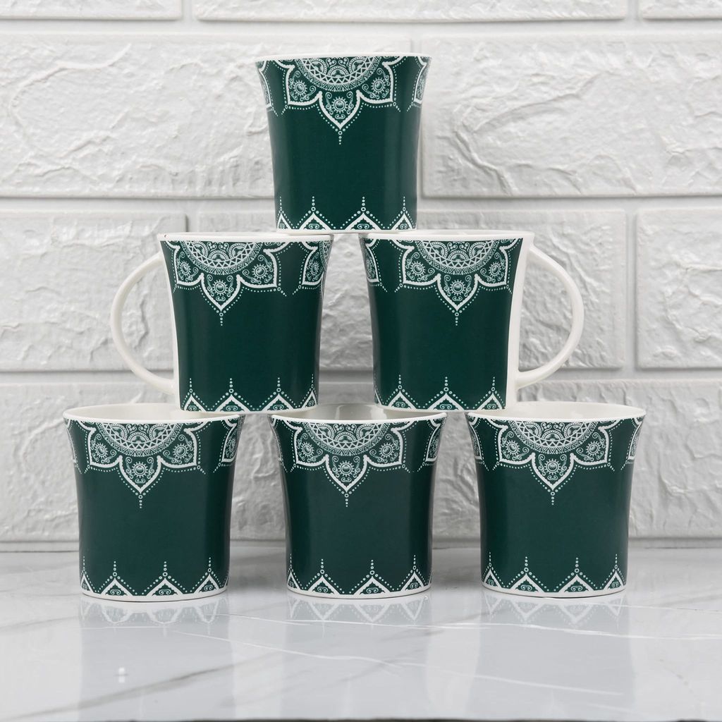 Femora Turquoise Green Cosmic Mehendi Tea Cups, Ceramic Tea Cups, Coffee Mugs (160 ml) - 6 Pcs Set (Green)