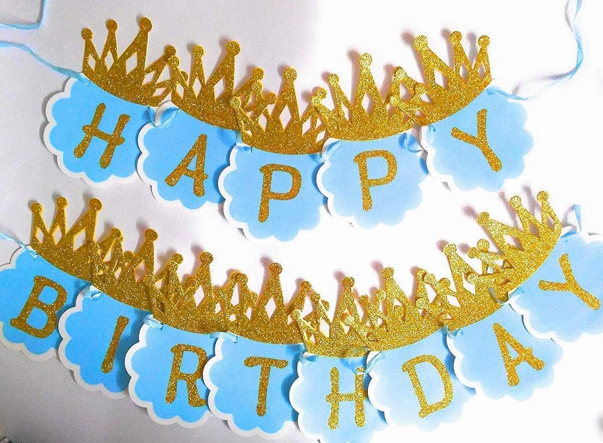 Balloonistics Glitter Crown Happy Birthday Card Board Banner for Boys Birthday/Birthday Decoration Items (Blue)