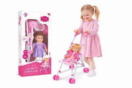Braintastic Baby Doll with Stroller Playset for Girls | Cute Baby Doll Toy with Push Stroller Removable Outfit Accessories | Pretend Play Doll Set Kids Birthday Gift Multicolor