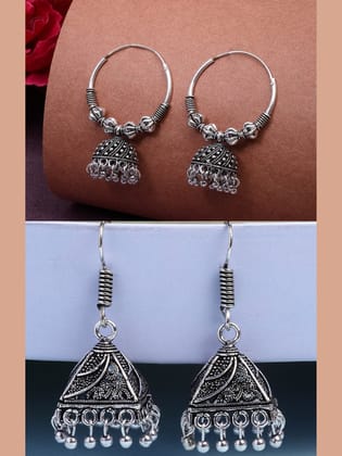 NVR Women's Set of 2 Ethnic Silver Plated Oxidized Circle Jhumka Earrings-One Size / Silver / German Silver