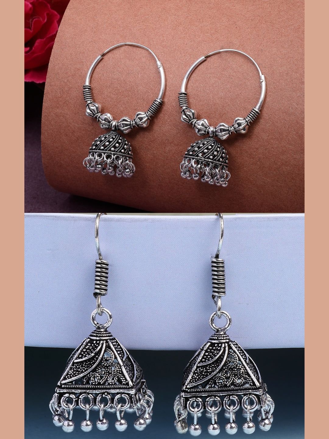 NVR Women's Set of 2 Ethnic Silver Plated Oxidized Circle Jhumka Earrings-One Size / Silver / German Silver