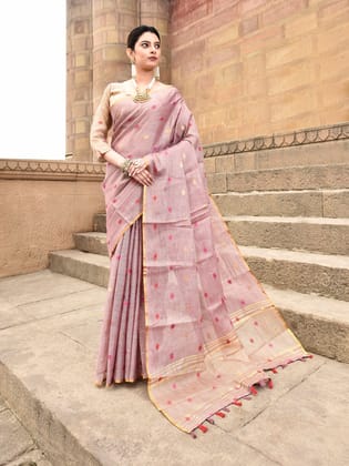 Dusty Pink Pure Linen Tissue Multicolor Polka Dots Weaving Saree