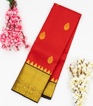 Red Handloom Kanchipuram Korvai Silk Saree With Floral Buttas-Red