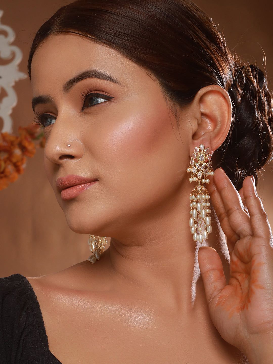 24K Gold Plated Kundan Studded Pearl Beaded Dropdown Minimal Lightweight Earring