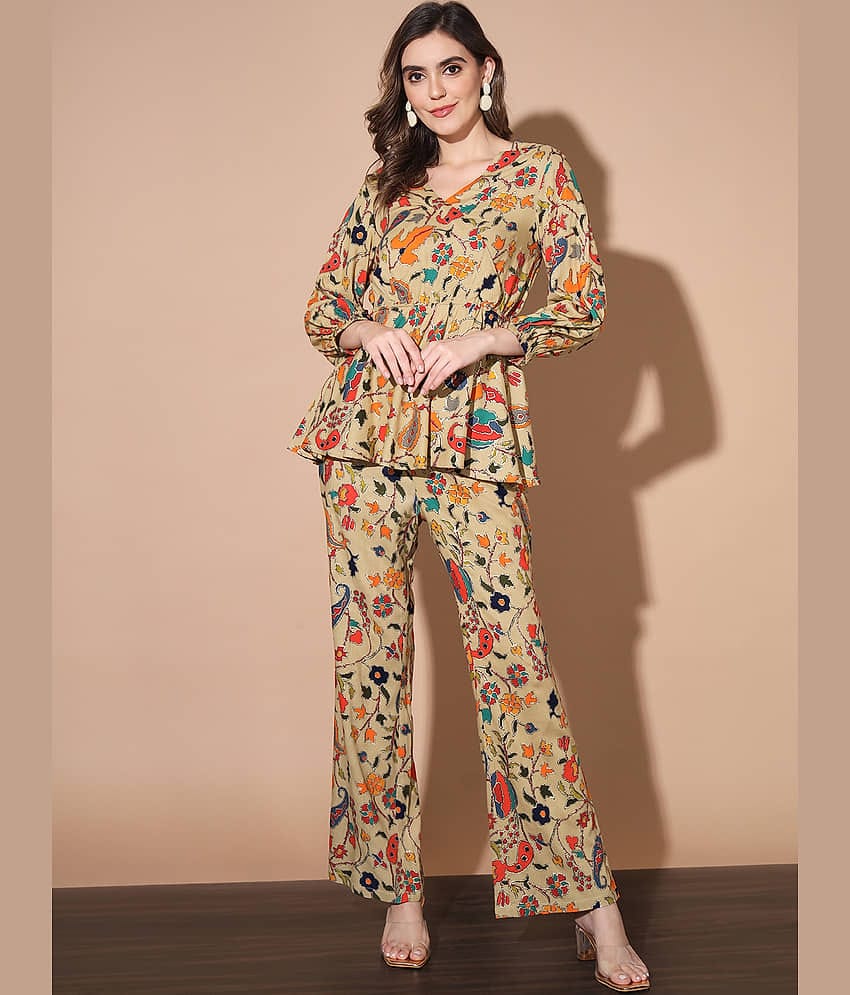 Madhuram Textiles Women Printed Tunic With Trousers Co-Ord Set ( Beige )