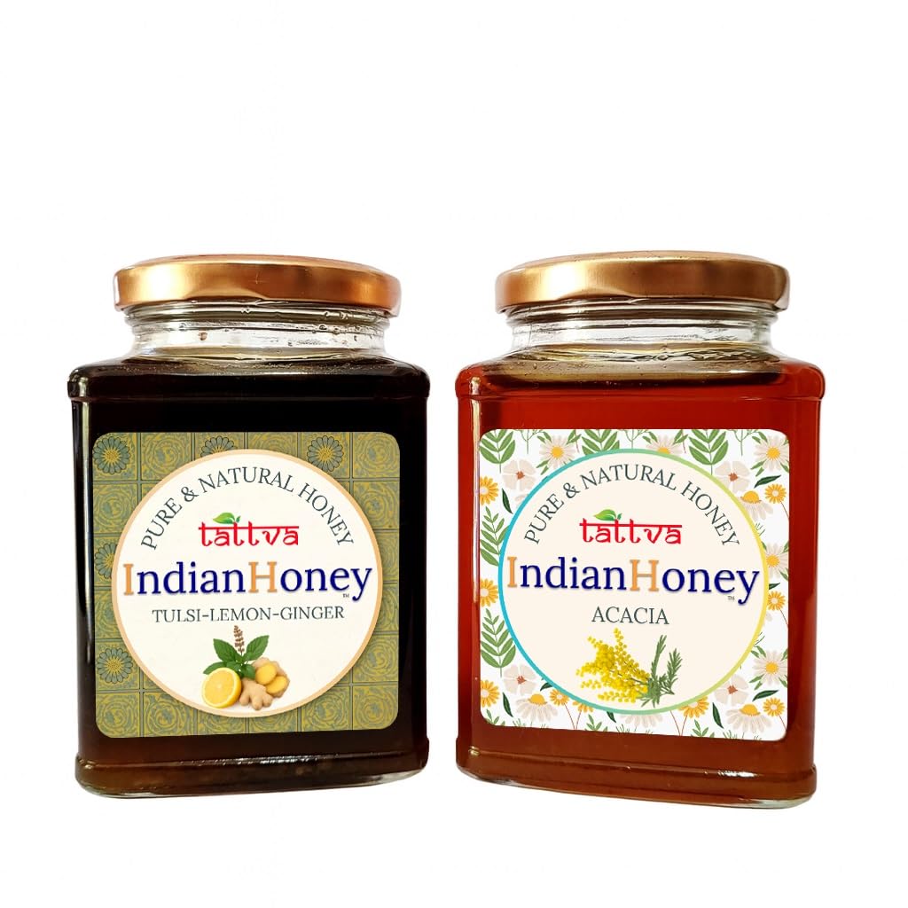 IndianHoney Rajasthan Acacia & Tulsi Lemon Ginger Honey Combo (Pack of 2) | Pure & Natural | 1kg (500g Each) | Unprocessed & Unfiltered Natural Sweetener