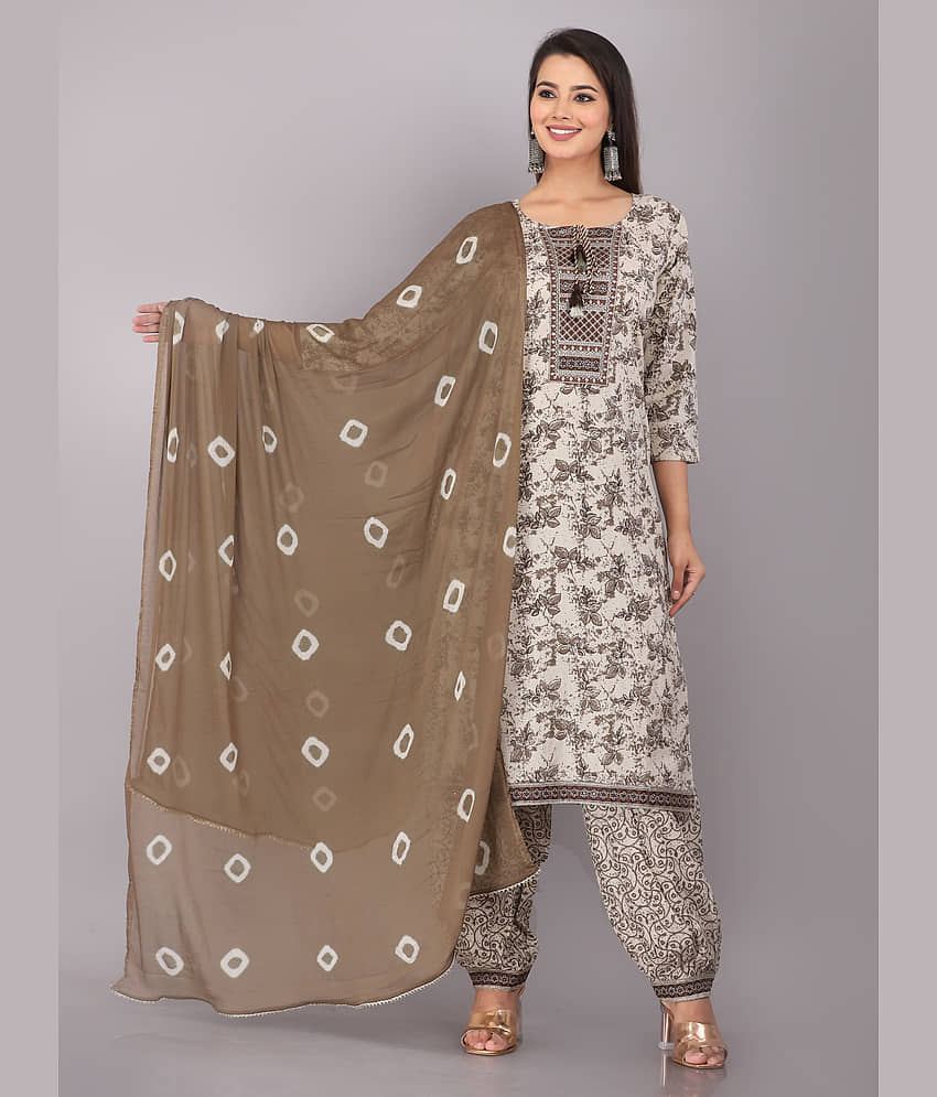 HIGHLIGHT FASHION EXPORT - Beige Straight Cotton Women's Stitched Salwar Suit ( Pack of 1 )