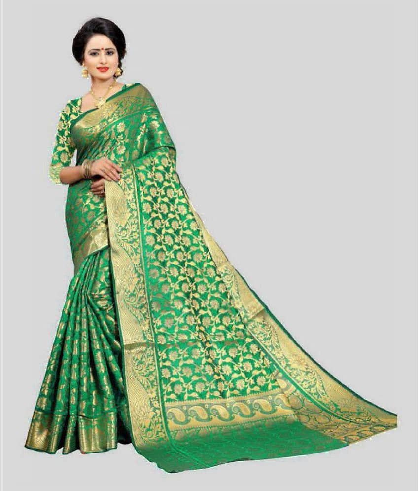 Gazal Fashions Banarasi Silk Embellished Saree With Unstitched Blouse Piece ( Green )