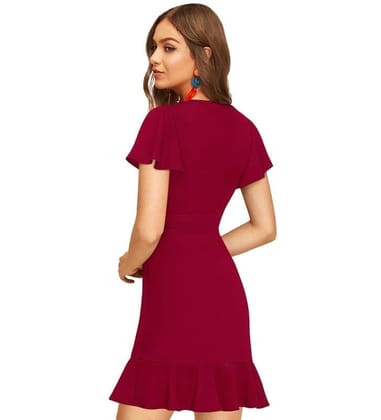 Women's Knitting Stretchable Solid V Neck Flaired Sleeve Dresses (Maroon, L)-PID56817