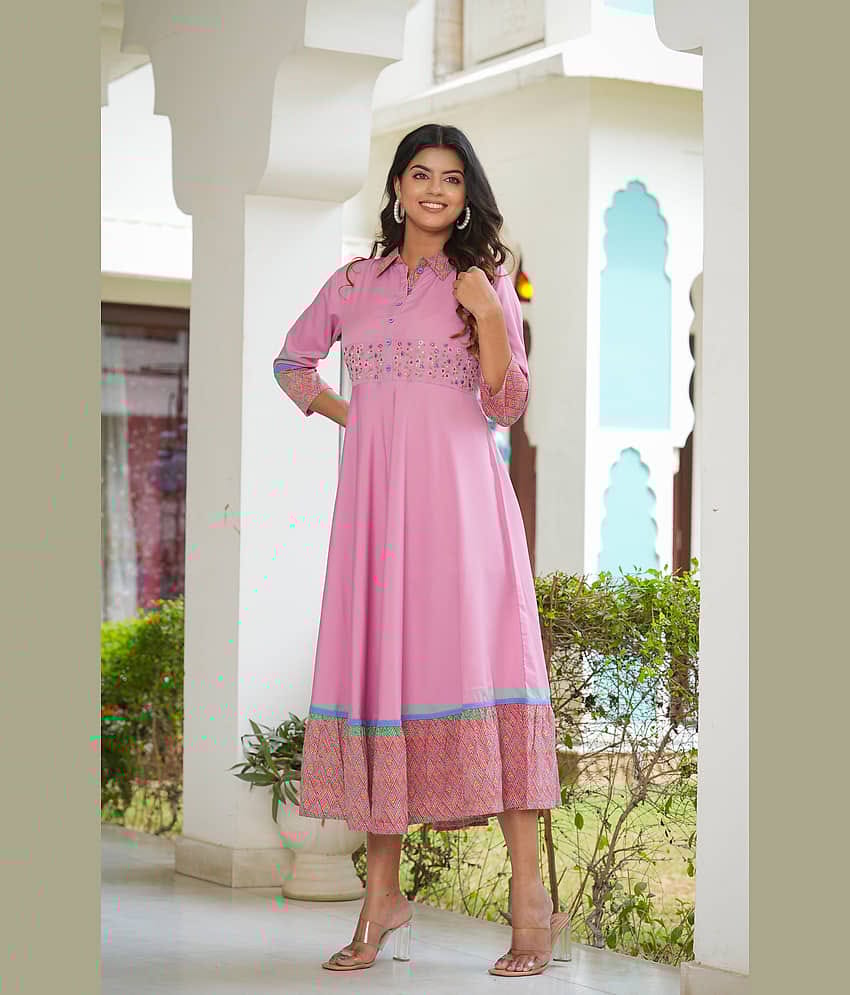 Yash Gallery Polyester Embroidered Midi Women's Fit & Flare Dress - Pink ( Pack of 1 )