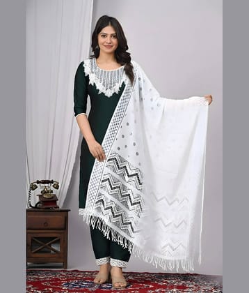 EXPORTHOUSE Women Silk Blend Embroidered Straight Kurti With Pants ( Dark Green )