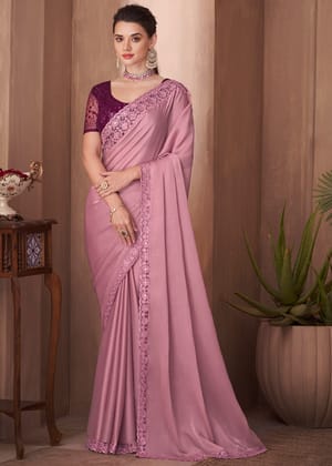 Light Purple Woven Satin Silk Saree With Embroidered Blouse
