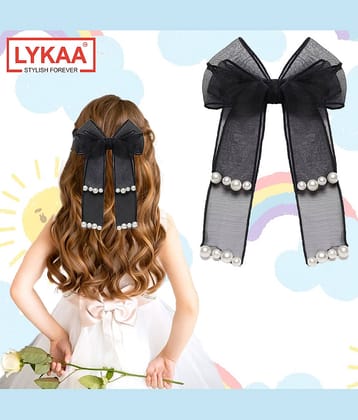 Lykaa Stylish Hair Ribbon Pearl Bow French Style Barrettes Hair Clips, For Girls, Women, Kids, Black