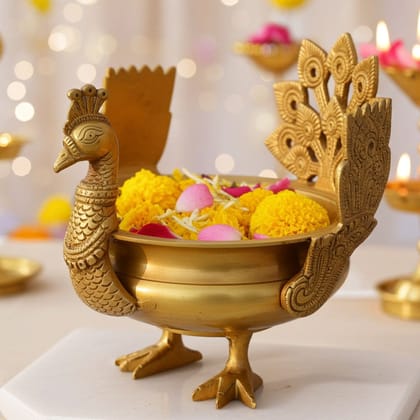 Brass Flower Urli with Peacock - Beautiful Decorative Bowl, Diameter : 8 Inch (BSMAS1156 A)
