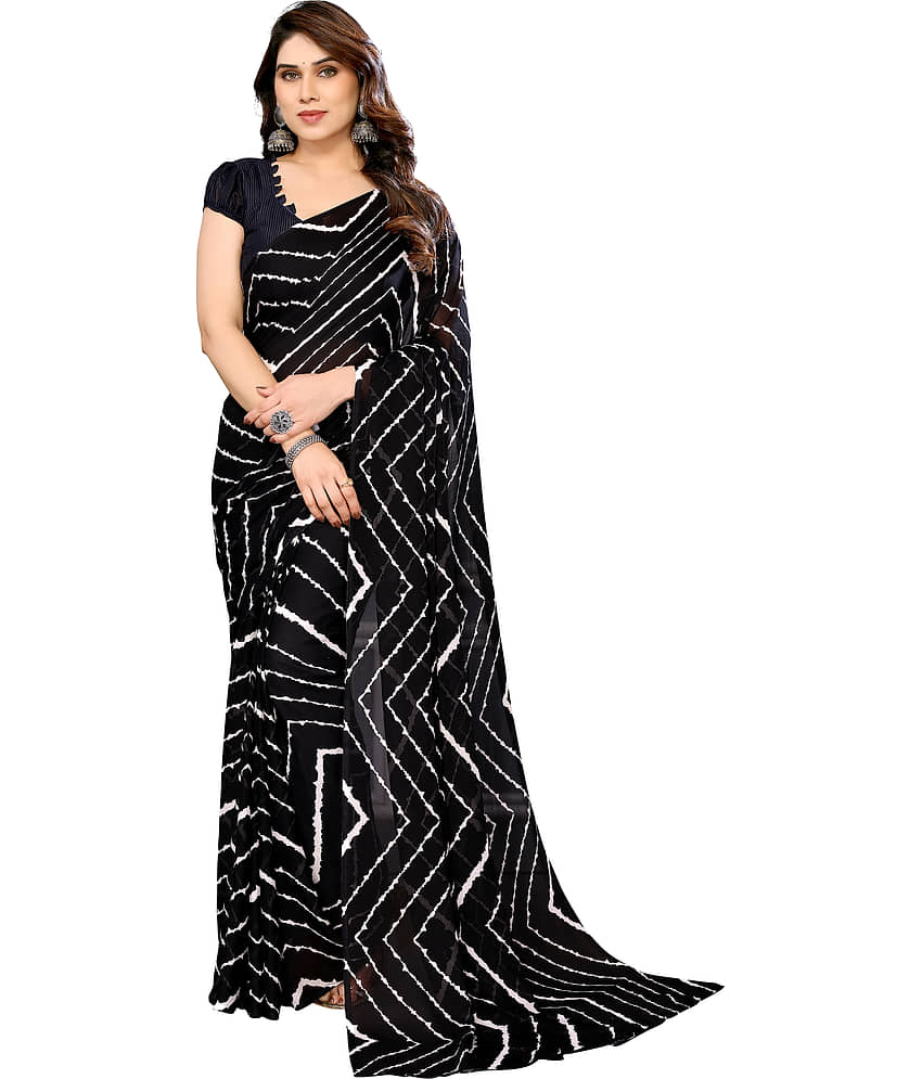 ANAND SAREES Georgette Printed Leheriya Saree With Unstitched Blouse Piece ( Black )