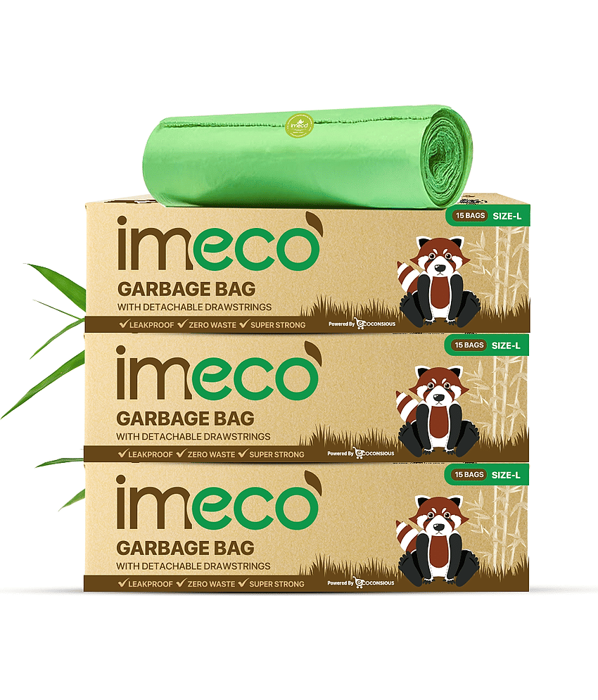 Eco-Friendly Garbage Bags | 45 Pcs | Large - 24 x 32 Inches | 15 Pcs x 3 Rolls | Green | Dustbin/Trash Bags with Detachable Drawstrings | Perfect for Dry & Wet Waste