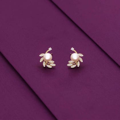 Sterling Gold Leafy Pearl Stud Earrings-Pearl / Gold