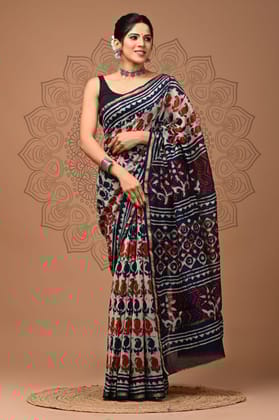 Chanderi Silk Sarees | Bagru print With attached blouse
