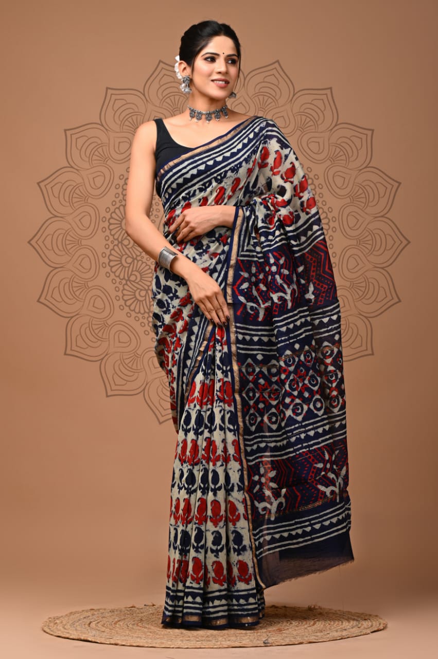 Chanderi Silk Sarees | Bagru print With attached blouse
