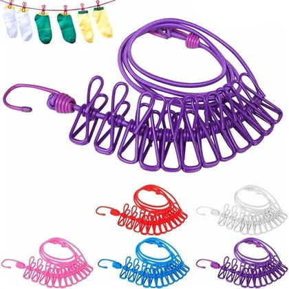 Delhi Deals Hub Elastic Cloth Drying Rope with 12 Clips Portable Stretchable Laundry Hanging Wire for Home Travel and Camping Pack of 1