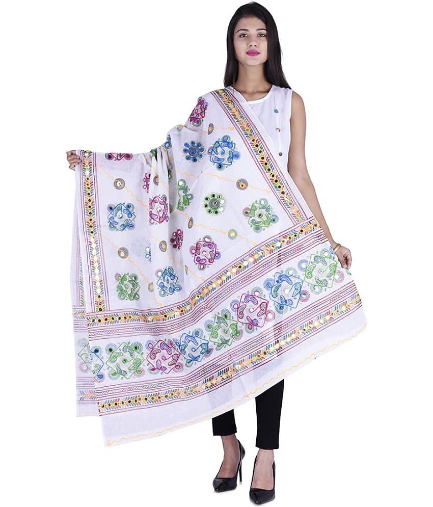 Apratim White Cotton Kutch Embroidered Dupatta - Single