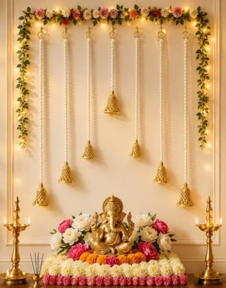 Handmade White Beads Golden Bell 7 Latkan Home Decoration Item for Ganpati Festival wall Hanging Handcrafted