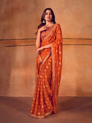 Orange chiffon foil print Saree